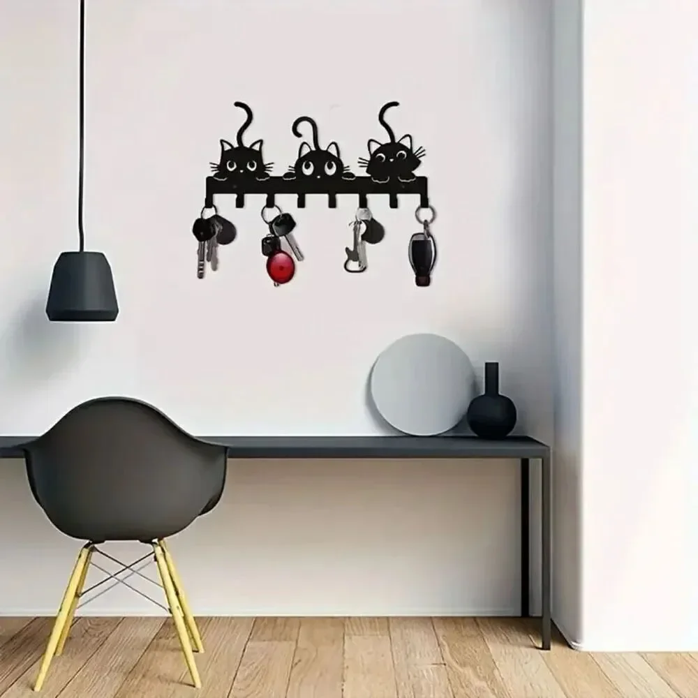 NWT Gorgeous 3 Black Cats Hanger Metalic 8 Hooks Wall Mount Key Holder Organizer